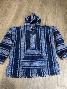 Source Unknown Blue Striped Crewneck Hooded Baja Sweater